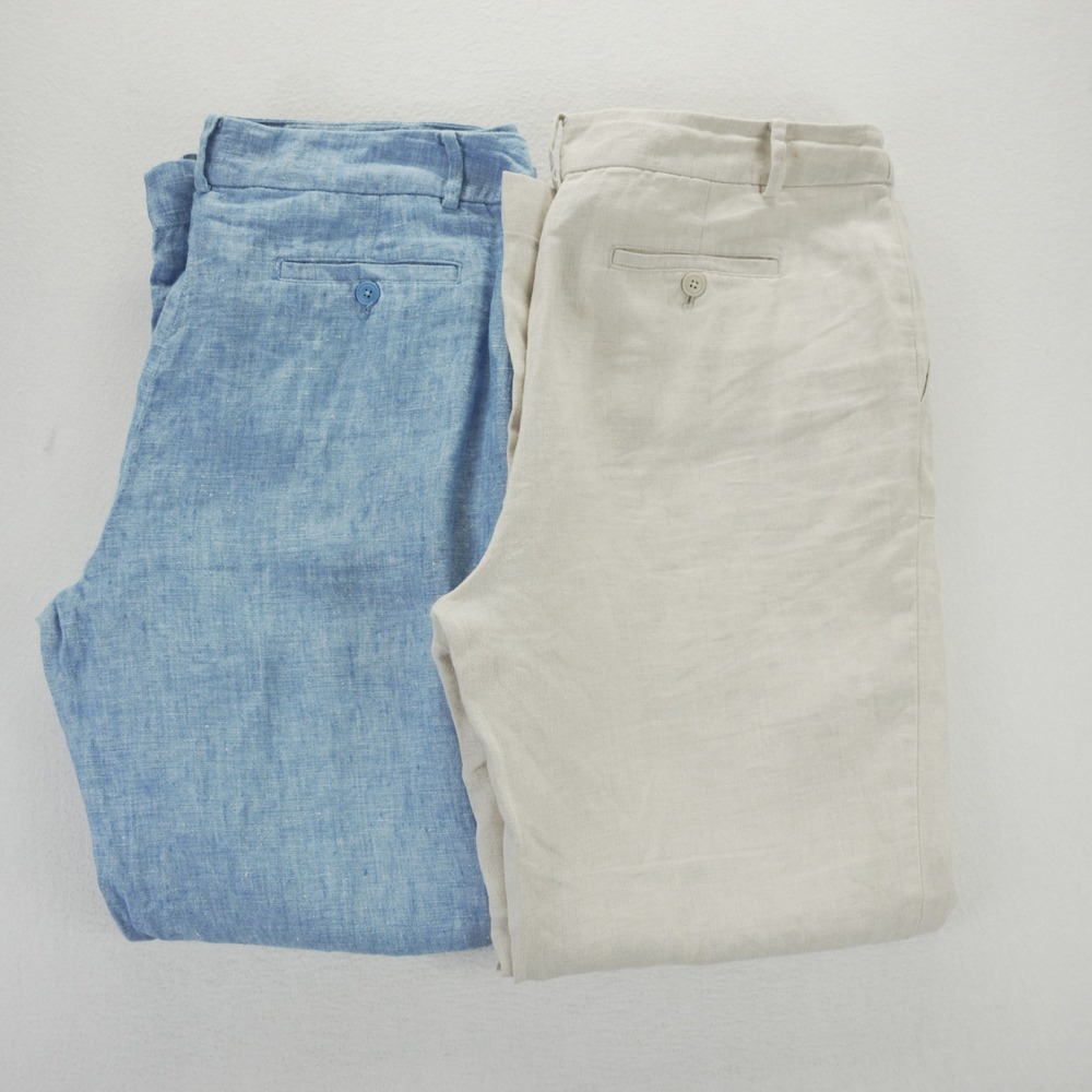 Talbots Womens 100% Linen Straight Leg Pants Lot of 2 Blue Tan Size 10 Trousers